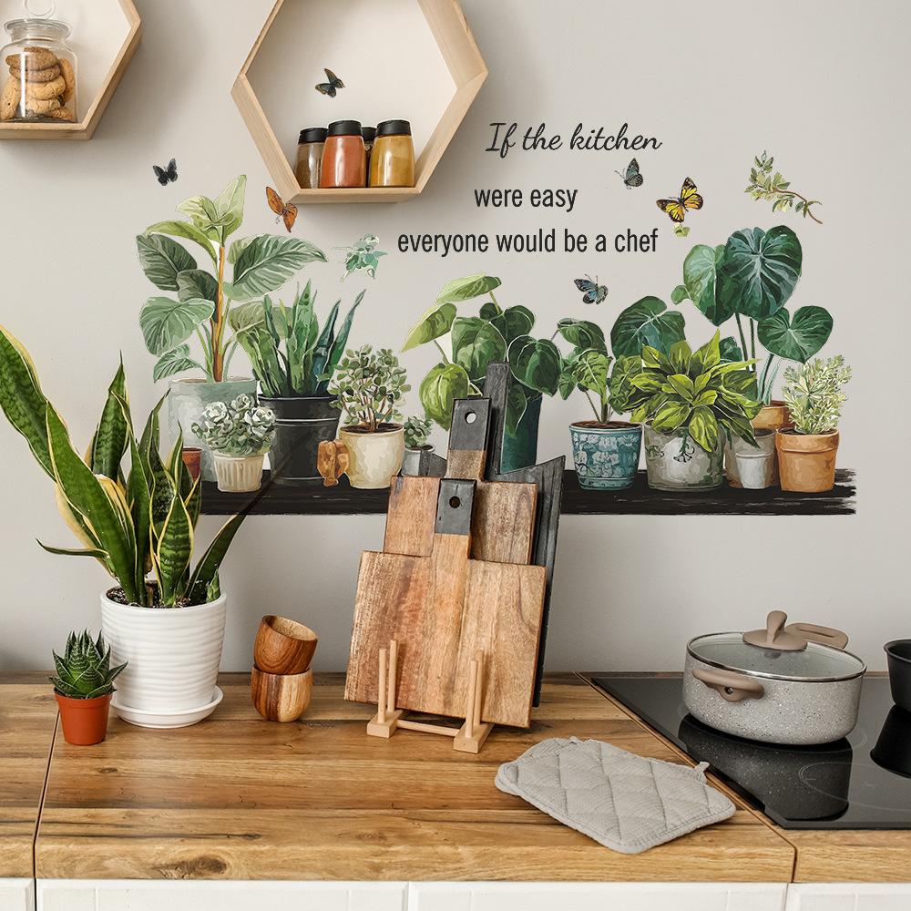 Green Plants, Potted Butterflies and English Slogans, Wall Stickers for Study and Living Room Decoration