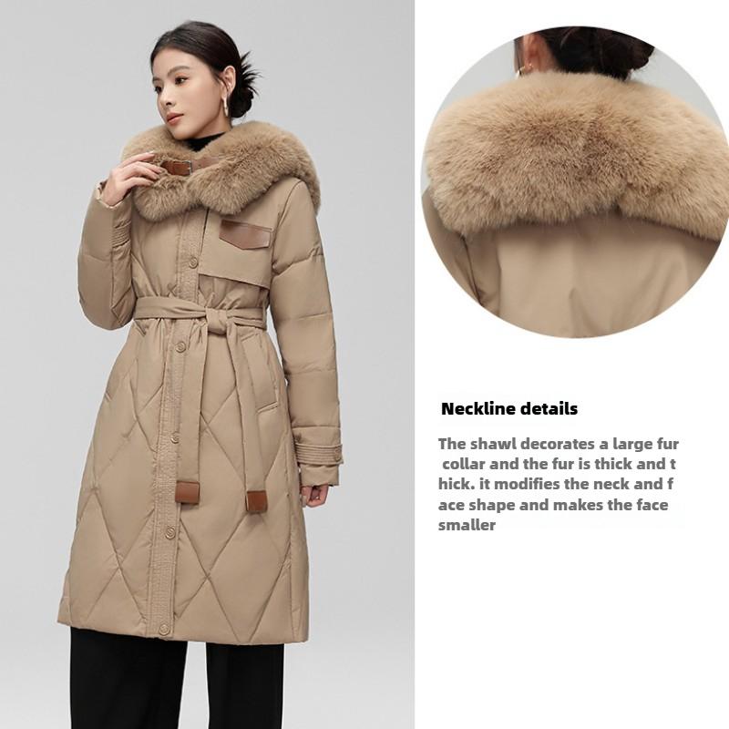 Winter Down Jacket for Women Long Style Large Fur Collar Slim Waist White Duck Down Jacket