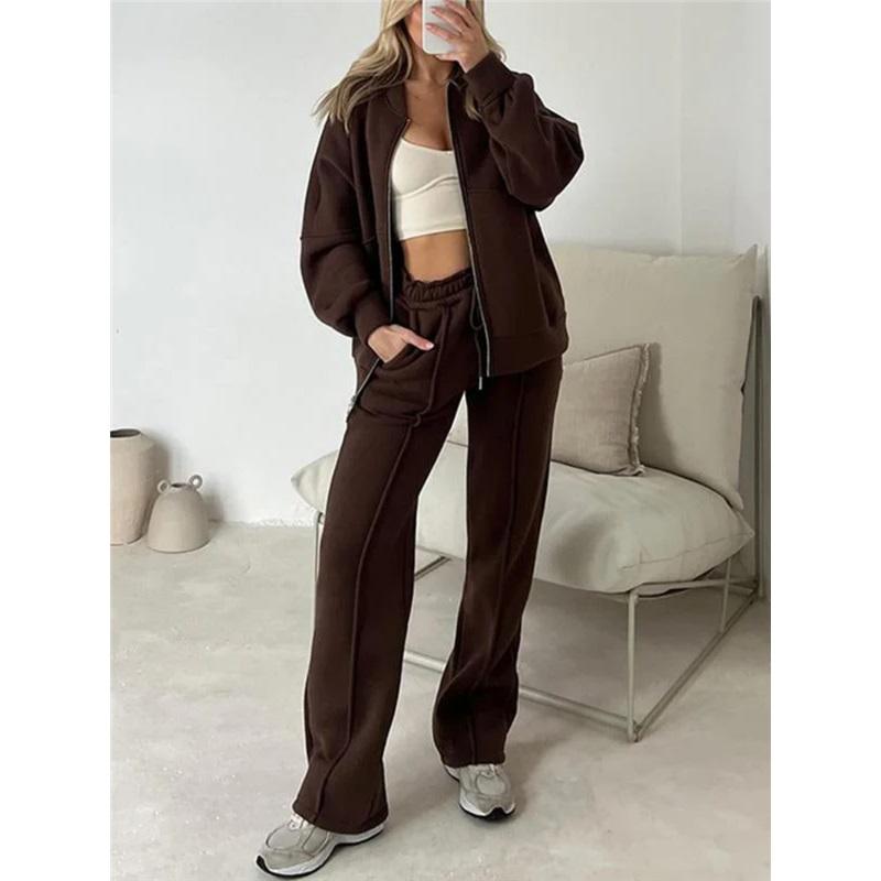 Women's 2 Piece Casual Tracksuit Zip Up Bomber Jacket And Elastic Waist Wide Leg Pants Loungewear Set