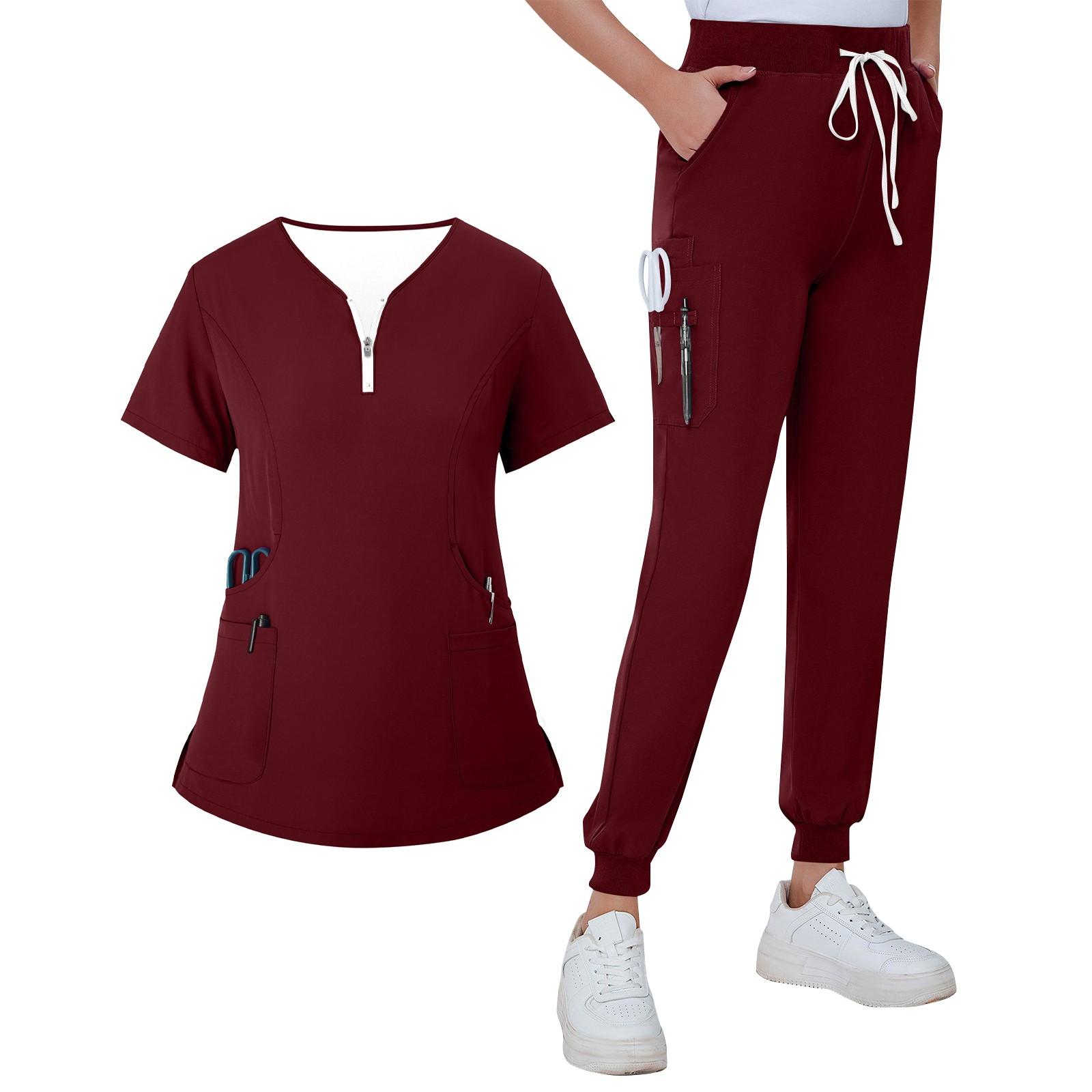

Women s Summer V-neck Zippered Loose Uniform With Pockets And Short Sleeves M винний