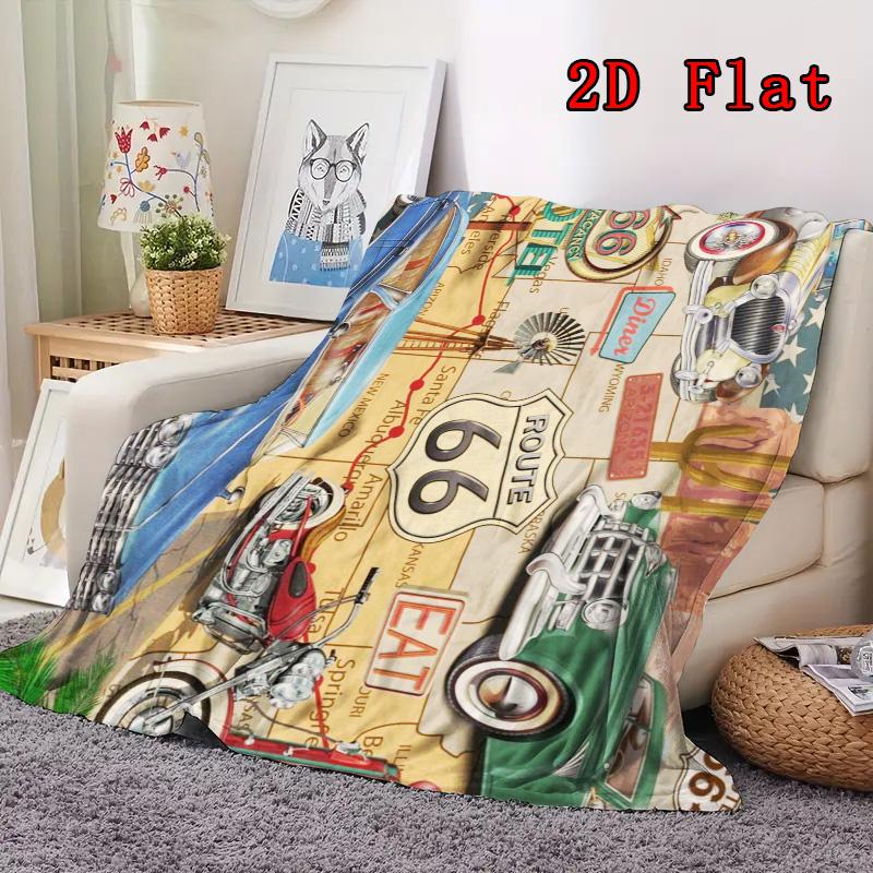 Vintage Route 66 2D Flat Pattern Flannel Blanket High Quality All Seasons Warmth and Comfort Perfect for Christmas Gifts.MMT0918206