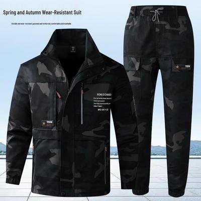 Men's Camouflage Workwear Set, Wear-Resistant Polyester-Cotton with Reflective Strips, Thickened for Spring & Autumn Outdoor Use