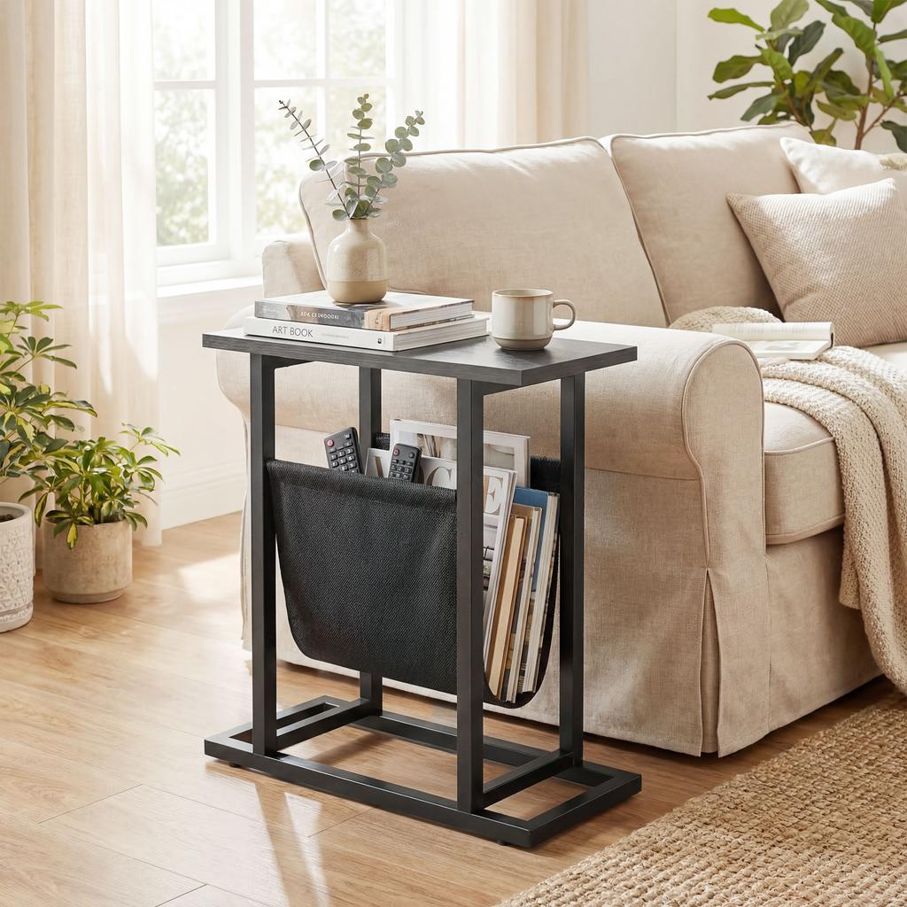 Side Table With Fabric Pocket Coffee Table With Steel Frame Compact Sofa Table Black