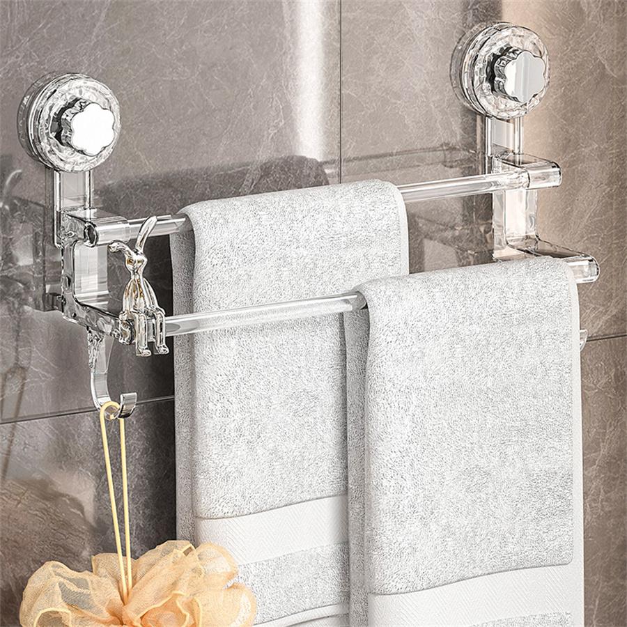1pc Dual Pole Suction Cup Towel Rack for Household Bathroom Towel Storage with Hooks, Suitable for Both Dry and Wet Towels, Ligh