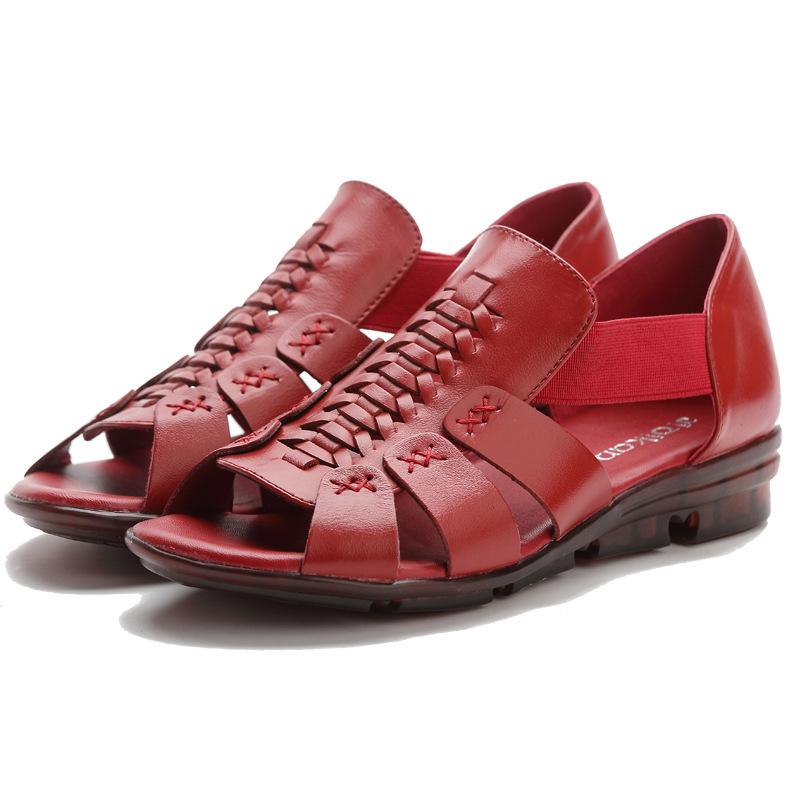 2025 Summer Shoes Women's Sandals Woman Open Toe Wedge Sandals Genuine Leather Outdoor Shoes Office Ladies Low Heeled Shoes