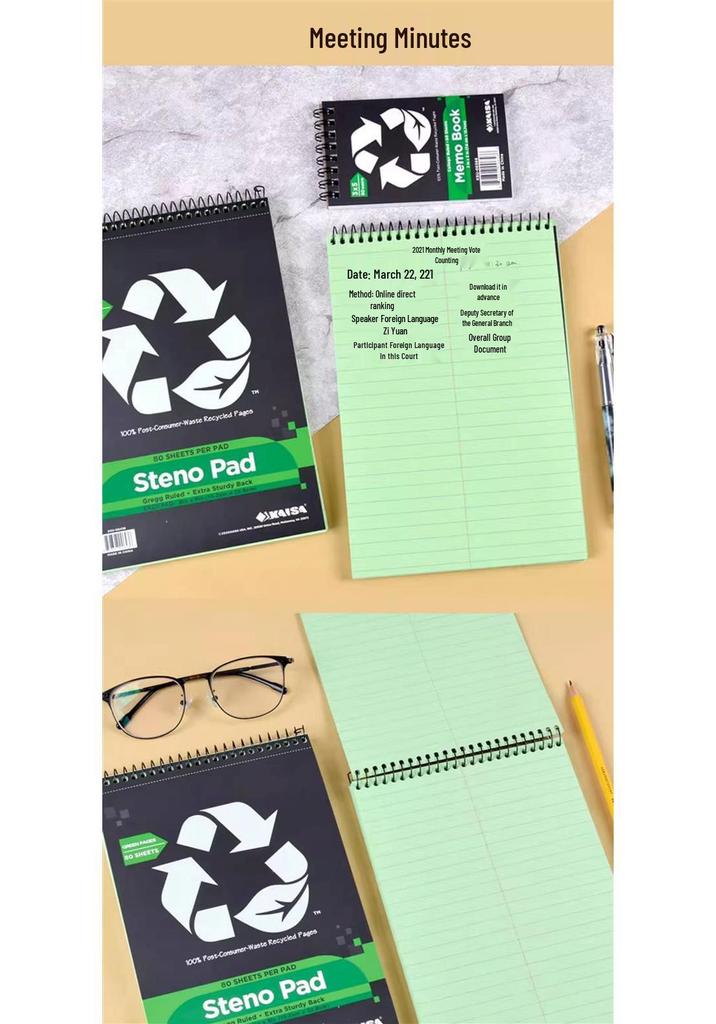 Kaisa Steno Pad: A5 Speed Writing Notebook with Green Inner Pages, 80 Sheets, Symmetrical Columns, Easy-Tear, Wide Line Spacing.