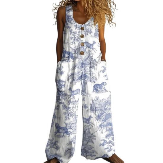 Women's Floral Printed Wide Leg Jumpsuit Sleeveless Button Front Romper Summer Casual Loose Overall with Pockets