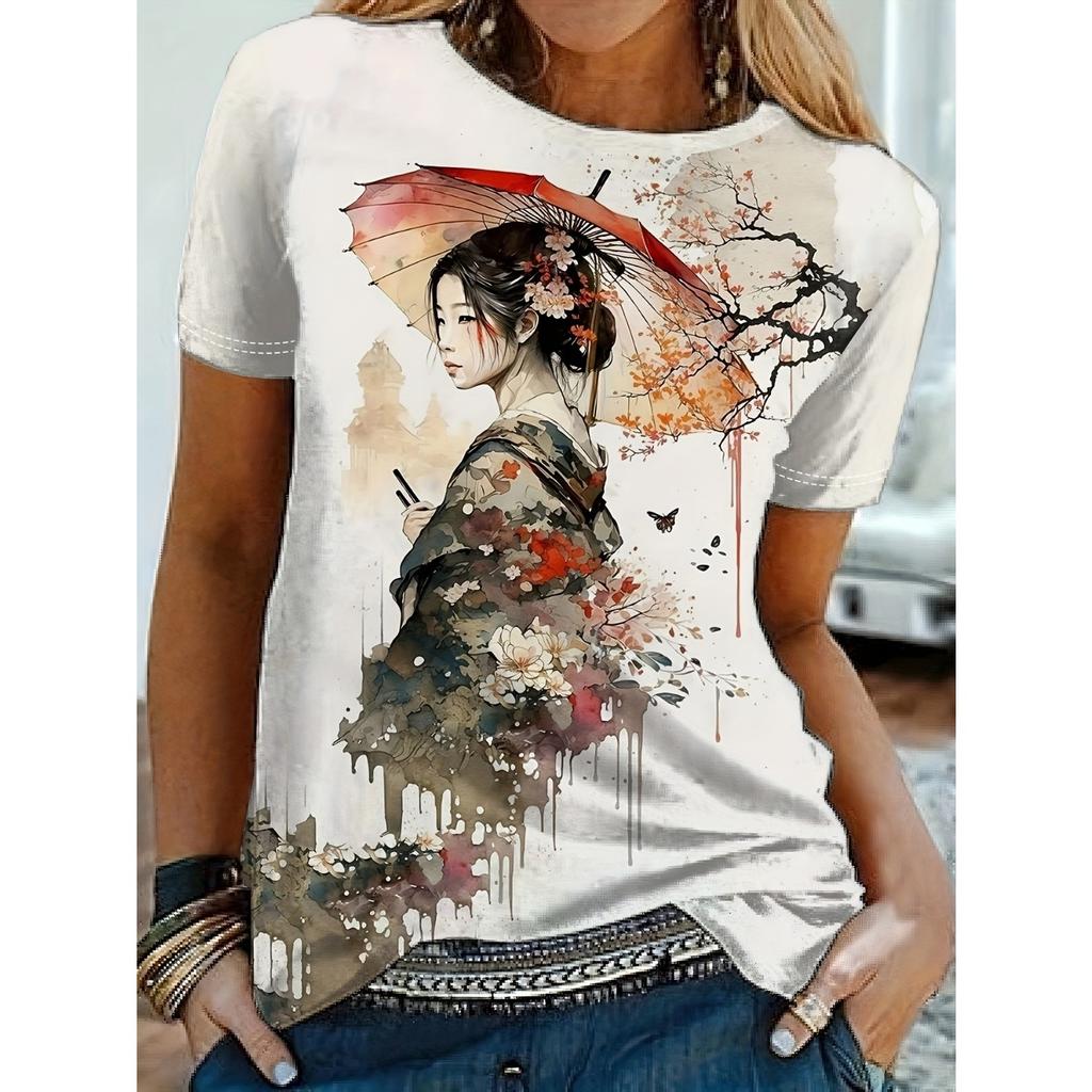 New Summer Women's 3d Pattern Printing Women's T-shirt Round Neck Short-sleeved Street Casual Daily Basic Top