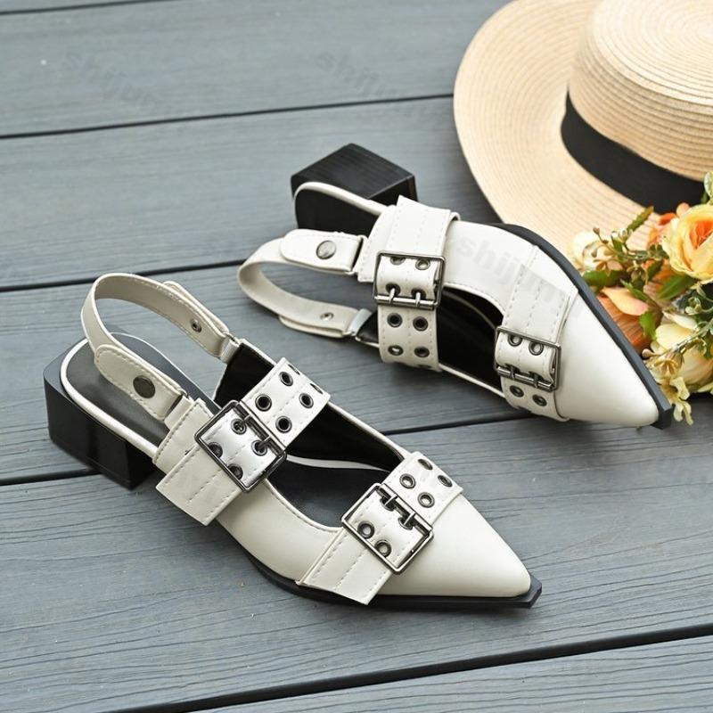 Sanda de damă la modă de vară, cu toc pătrat, vârf ascuțit, cataramă cu curea, sandale romane de damă pentru timpul liber, pantofi retro Mary Jane din piele PU