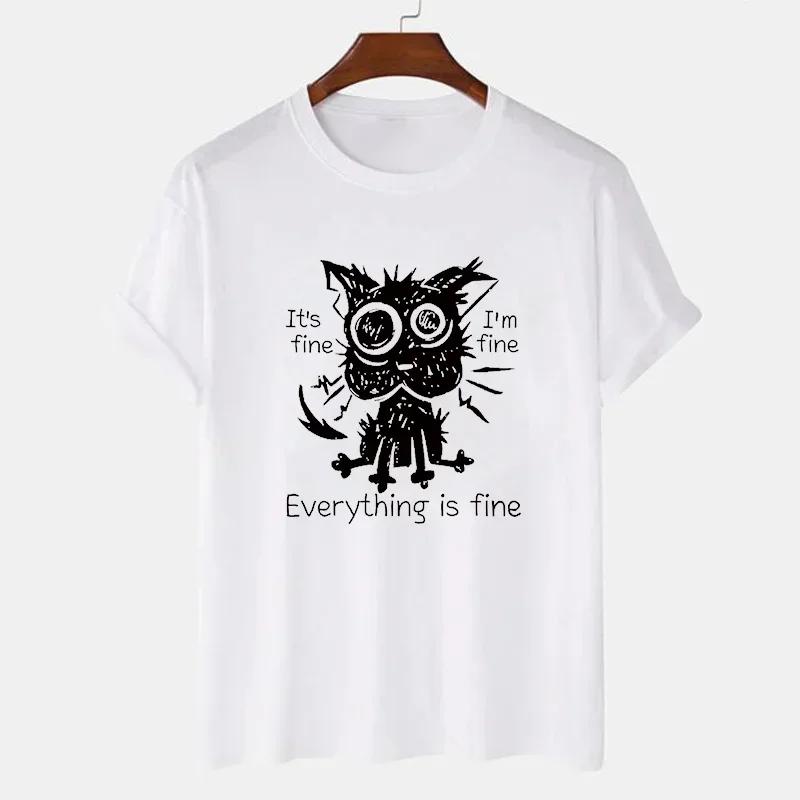 2023 New Mens Brand T-shirt for Men It's Fine I'm Fine Everythings Fine Funny Tshirt Oversized Tees Explosive Black Cat Shirts