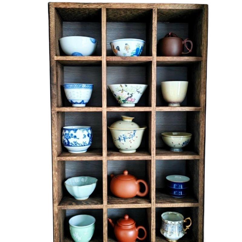 Wall-Mounted Solid Wood Curio Display Shelf – Grid Storage Rack for Teacups & Master Cups