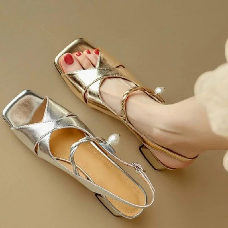 Women's Sandals Square Toe One-line Buckle Pearl Square Heel Shoes Women Dress French Elegant  Anti-slip New Zapatillas De Mujer