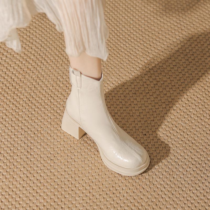 Small height-increasing boots women's autumn and winter thick-heeled short boots autumn and winter white high-heeled boots leather boots Martin boots