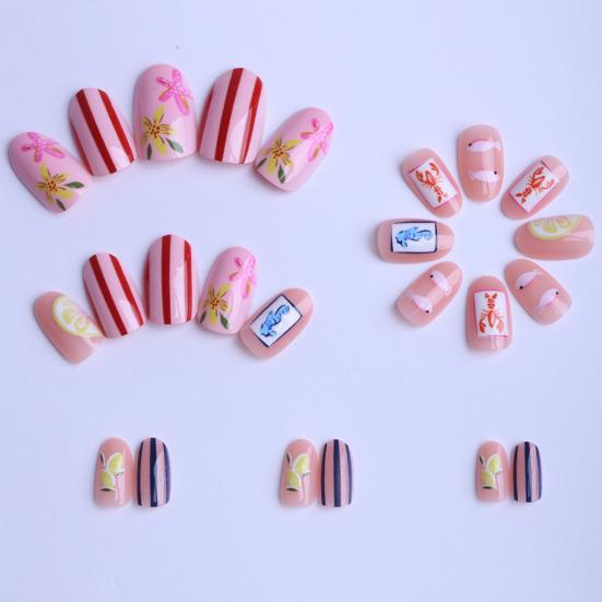 1 Set Summer Ocean Press Lemon Fish Lobster on Nails Flower Seahorse Striped Almond Stick-on Fake