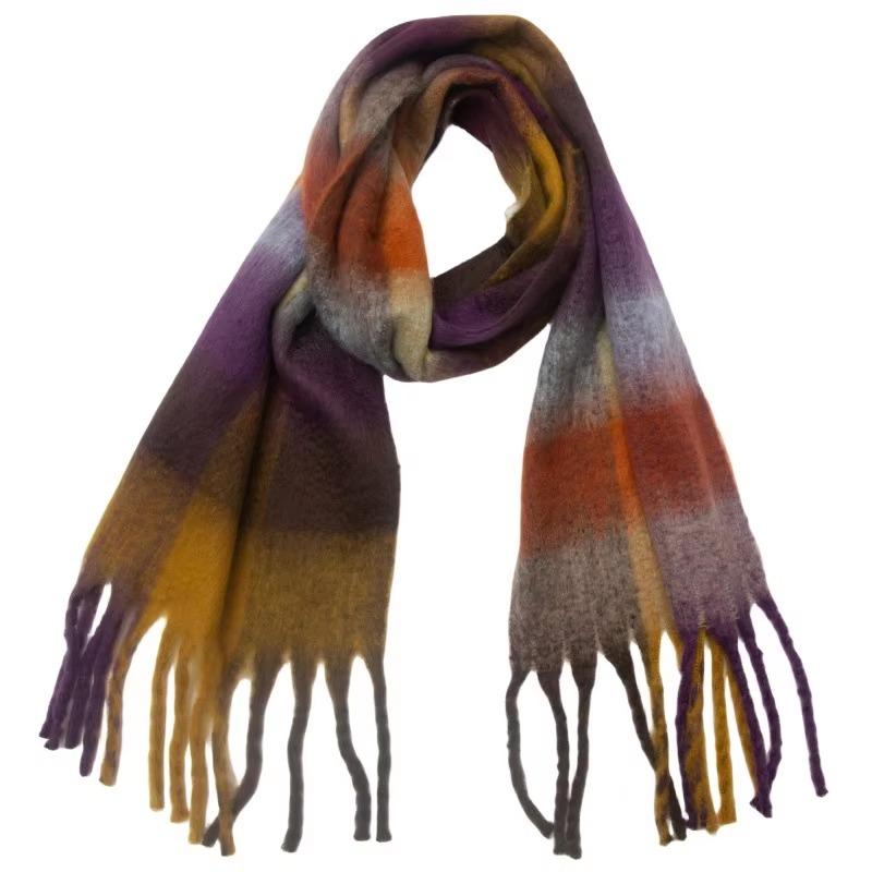 Winter Yarn Thicken Style Luxury Multicolour Plaid Faux Mohair Scarf Women Tassel Long Ring