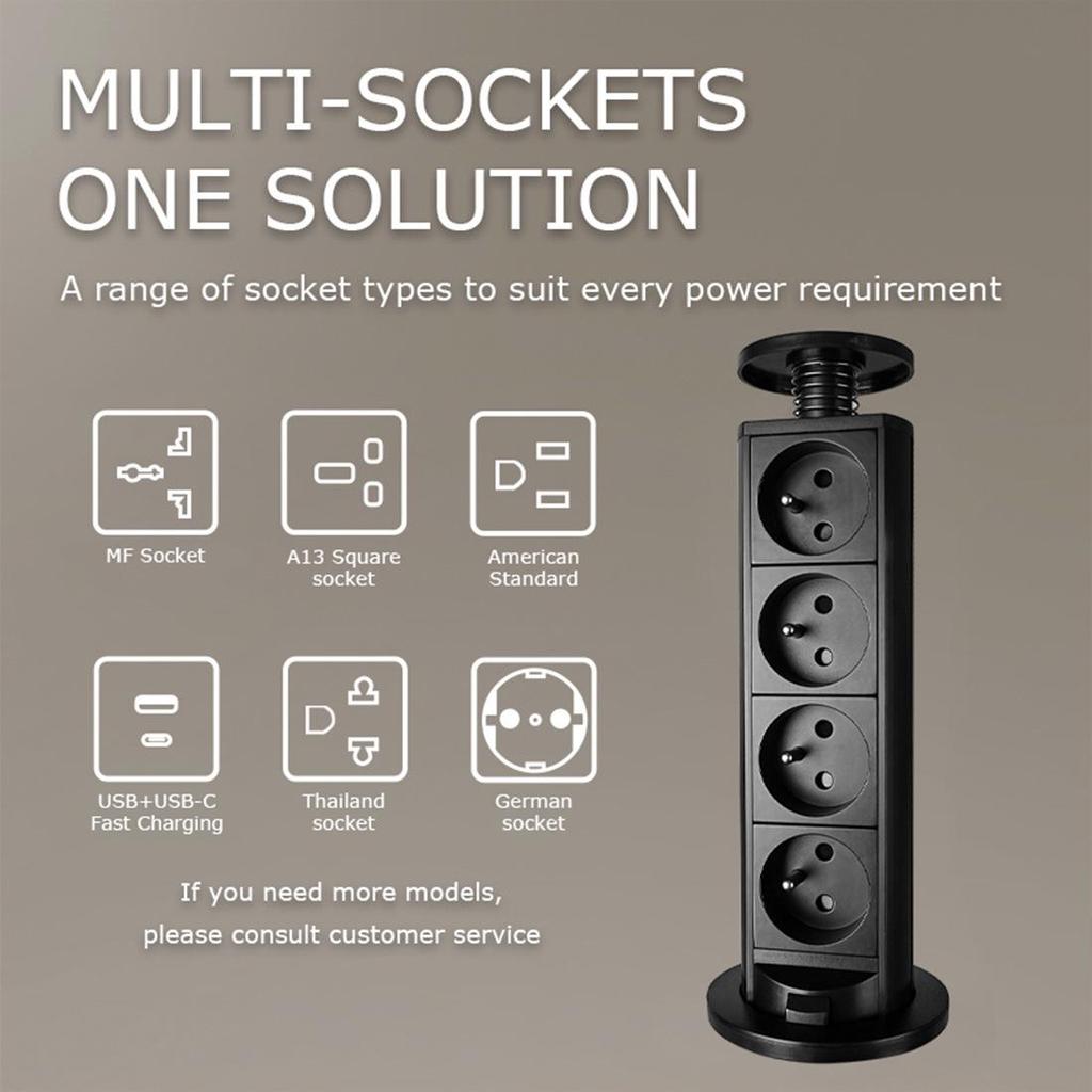 USB Port French Socket Vertical Office Power Strip, European Standard, Silver/Black
