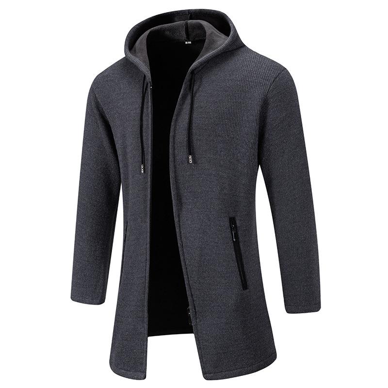 

New Autumn and Winter Men s Sweater Jacket Mid-length Coat Solid Color Velvet Hooded Sweater Jacket L сірий колір
