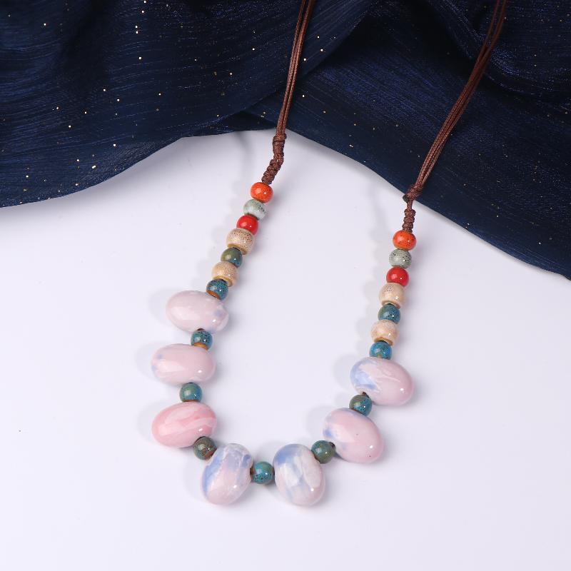Colorful Ceramic Bean Necklace Handmade Boho Pendant Adjustable Vintage Jewelry For Women Gift