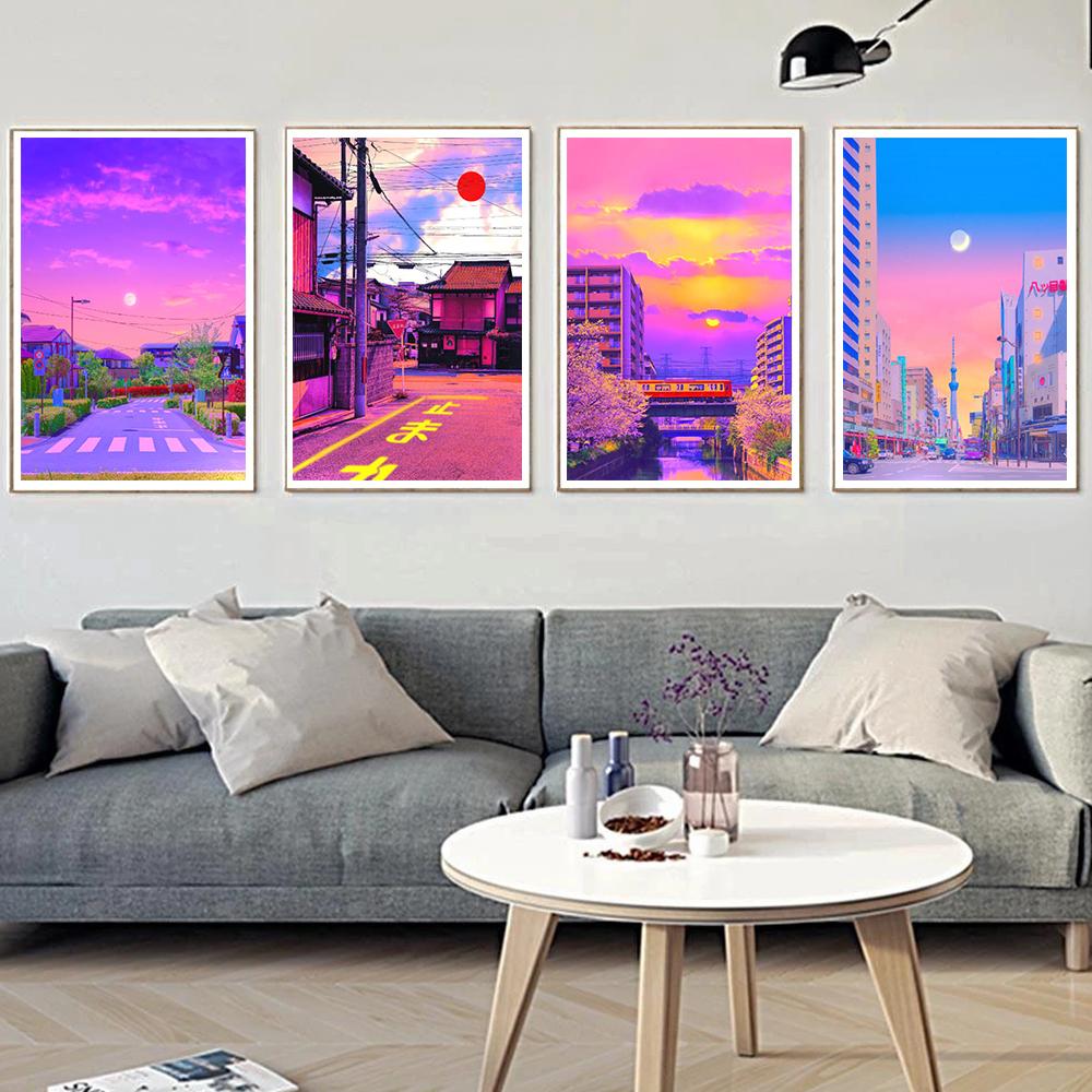 Japanese City Street Canvas Wall Art Anime Scenery Print Aesthetic Japan Town Landscape Poster Tokyo Cityscape Canvas Painting