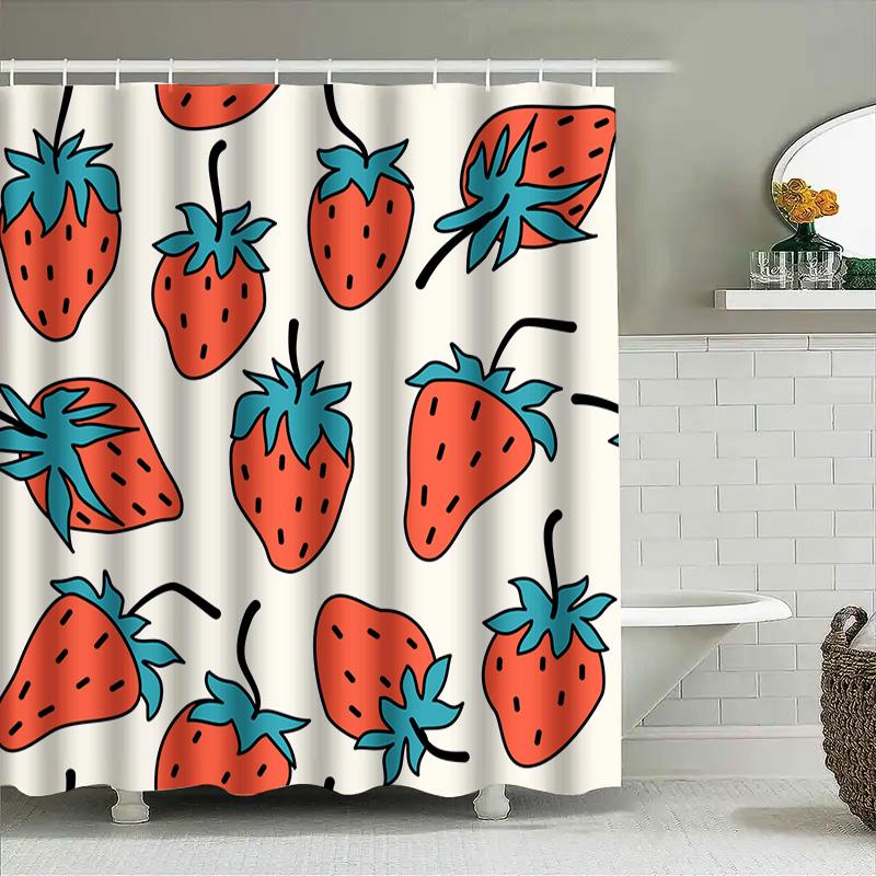 10 Pieces Strawberry Print Shower Curtain Polyester Bathroom Decor Waterproof Home Decoration