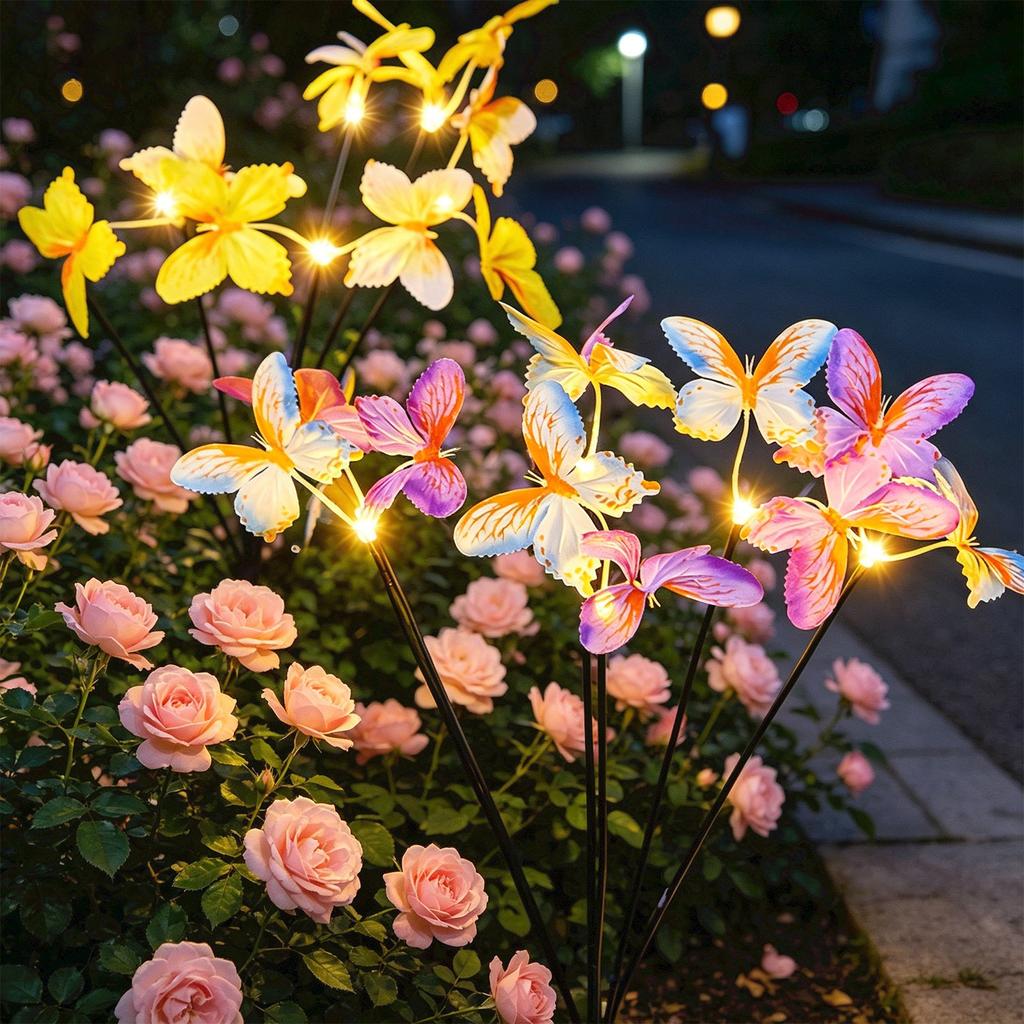 Solar Butterfly Flower Garden Light LED Outdoor Yard Lawn Decorative Lamp with Multiple Butterfly Design and Flexible Stems for Landscape Lighting