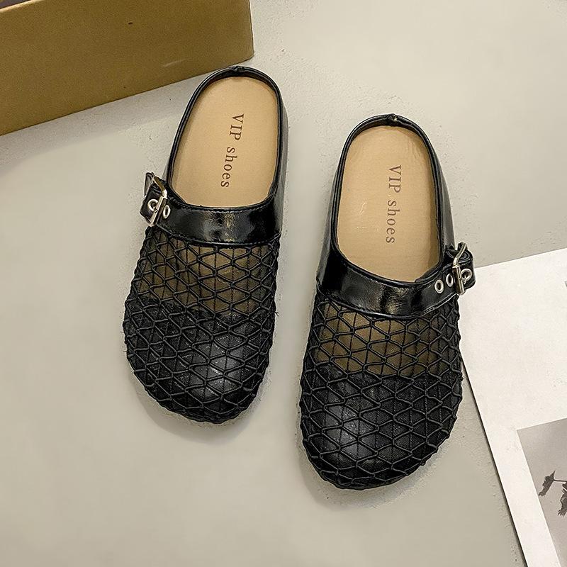 One pedal bag head half slippers women's woven new mesh breathable summer wear lazy half slippers flat bottom