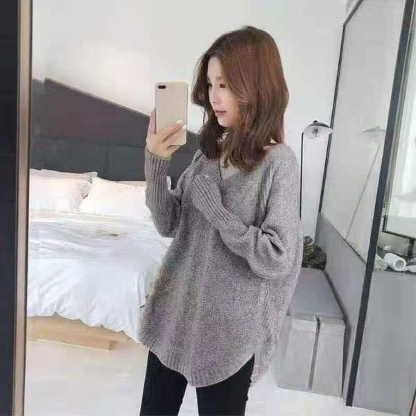 Autumn Winter Women's Sweater Knitwear Loose V-neck Medium-length Knitted Tops Pullover Jumper