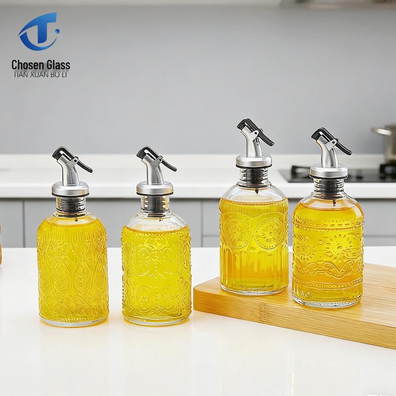 Small Transparent Retro Glass Oil Bottle with Embossed Floral Pattern for Olive & Sesame Oil