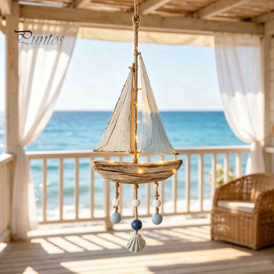 Decorazione da Appendere per Portico Costiero, Ornamento da Parete in Legno Illuminato, Cartello Nautico con Pesce, Conchiglia, Stella Marina e Ornamenti, Luci LED Calde, Casa al Mare per