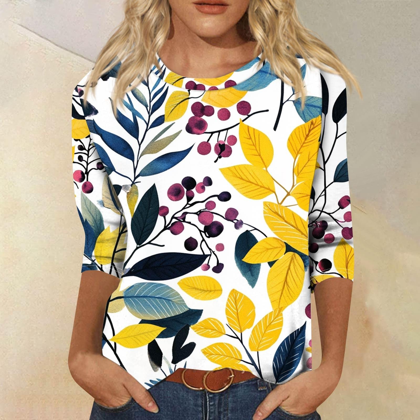 

Women s Fashion Casual Round Neck 3/4 Sleeve Loose Printed T-Shirt Ladies Top XL жовтий