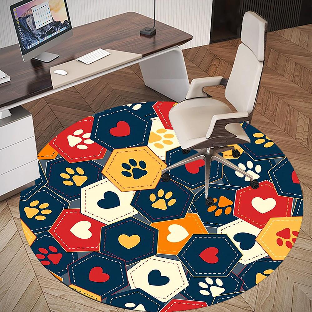 1pc Paw Print Heart Round Chair Mat Area Rug - Non-Slip, Floor Mat for Office, Bedroom, and Indoor Decor -1002217