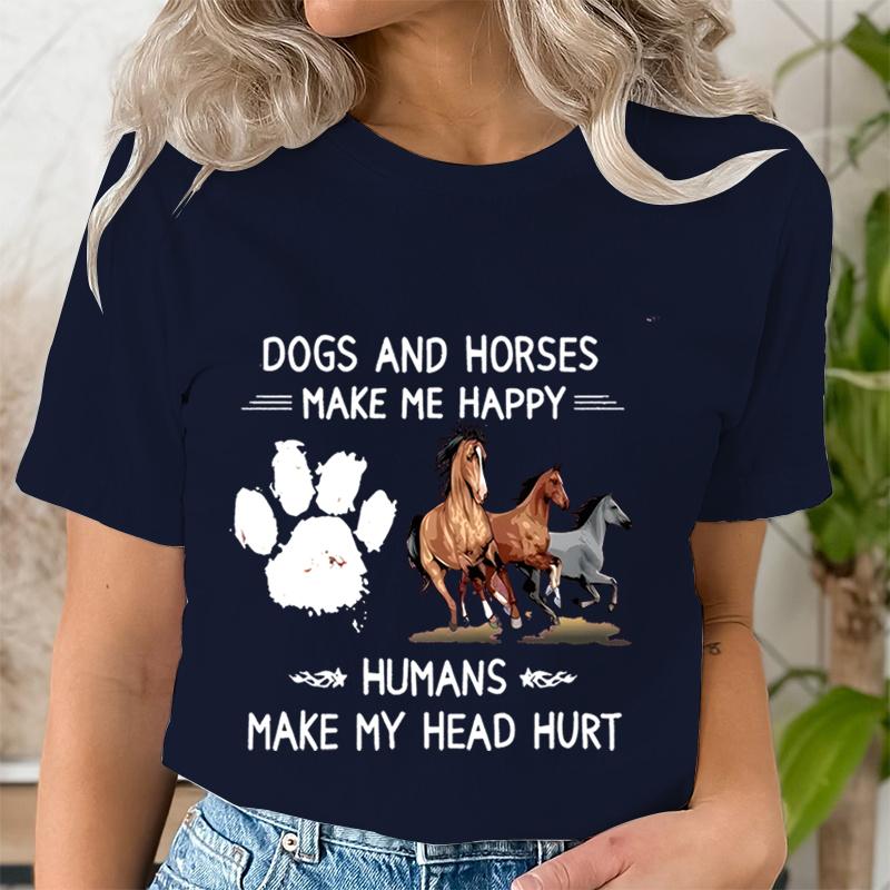 Dog Paw Wild Horses Graphics T Shirt Women Short Sleeve Shirt Dogs and Horses Make Me Happy Print Clothes Summer Female Tshirt
