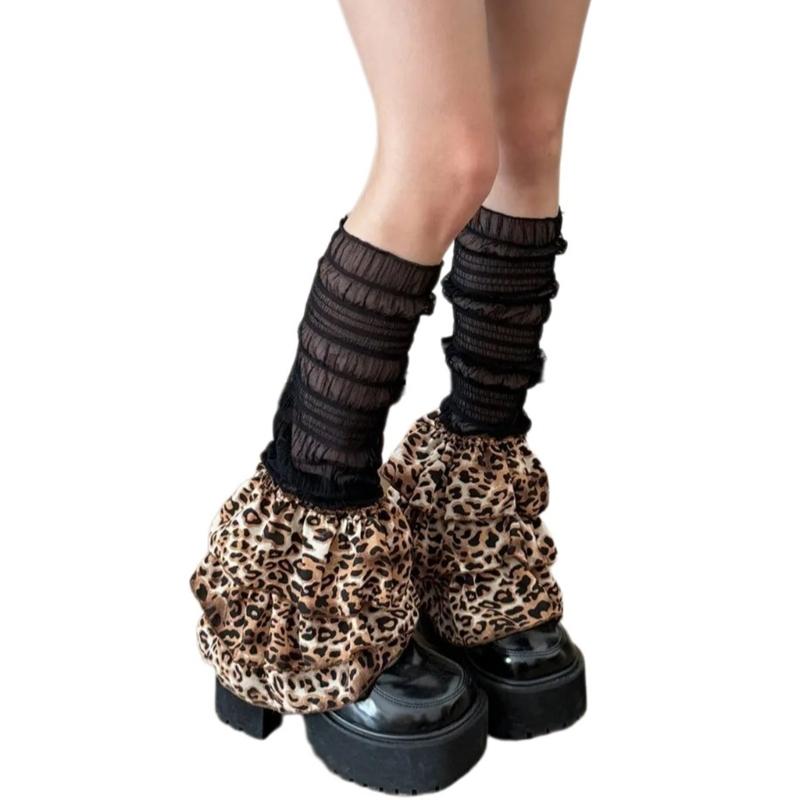 Women Vintage Leopard Print Sheer Mesh Leg Warmer Sleeve Aesthetic Japanese Footless Sock Tiered Ruffle Flared Leg Cover 1 чёрный