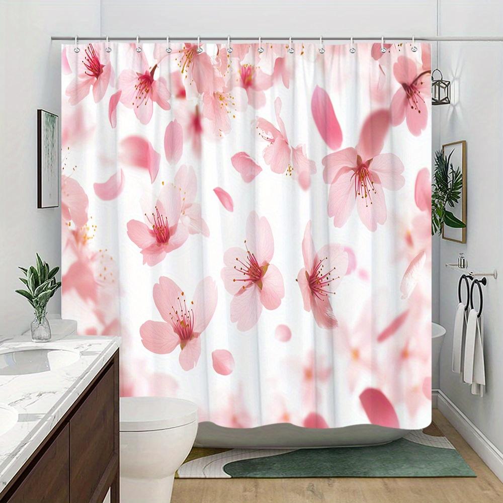 1 Elegant Pink Cherry Blossom Shower Curtain - Polyester Fabric, Gradient Petals And Gold Stamens, With Hook, Machine Washable