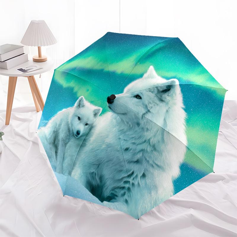 Rauchwolf-Muster, automatisch faltbarer Regenschirm, tragbares und faltbares Design, 8 Speichen, ein Weihnachts- oder Geburtstagsgeschenk.