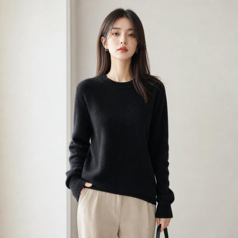 Women Crew Neck Solid Color Knit Sweater Long Sleeve Loose Fit Casual Ladies All Match Autumn Winter Basic Pullover