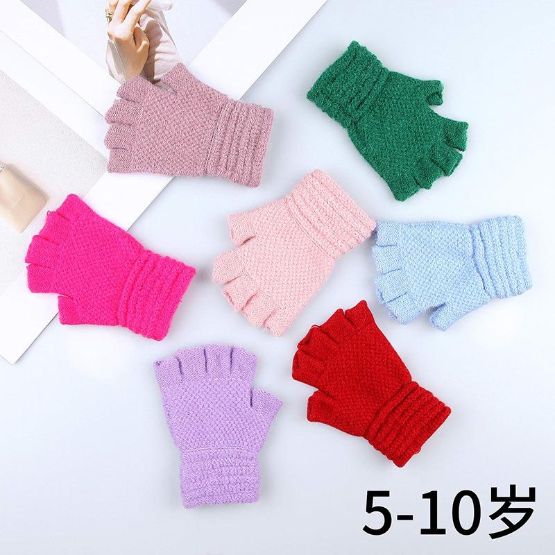 

- New children s solid-color knitted half-finger warm gloves in autumn and winter, primary school students write with exposed fingers to prevent cold One Size