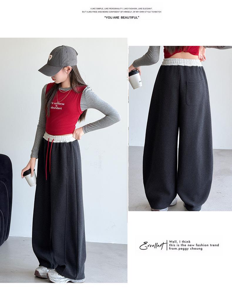 Girls' Autumn 2026 Color Block Wide-Leg Sweatpants - Casual Sports Pants for Middle & Older Children
