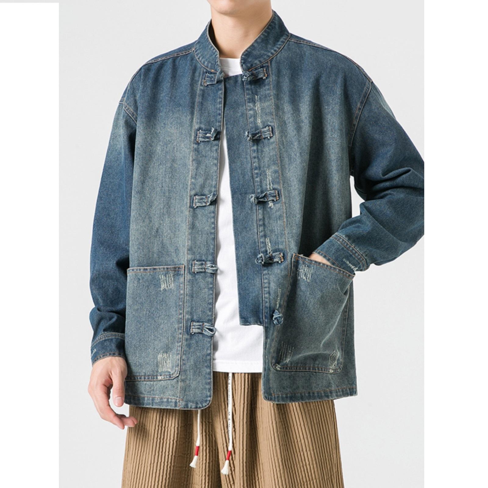 

Ковбойская куртка, Мужская осенне-зимняя одежда в китайском стиле, Свободного кроя больших размеров, Молодежный костюм Чжуншань, Китайский костюм Тан XS светло-синий