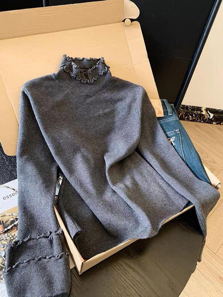 Women's Chic Solid Color Half-High Collar Top with Wood Ear Edge for Autumn & Winter
