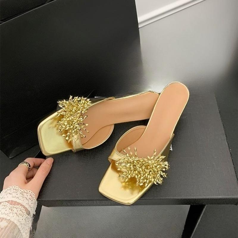 Fashion Summer New French Rhinestone Flower Block Heel Slippers for Women Open Toe Non-slip High Heel Slippers