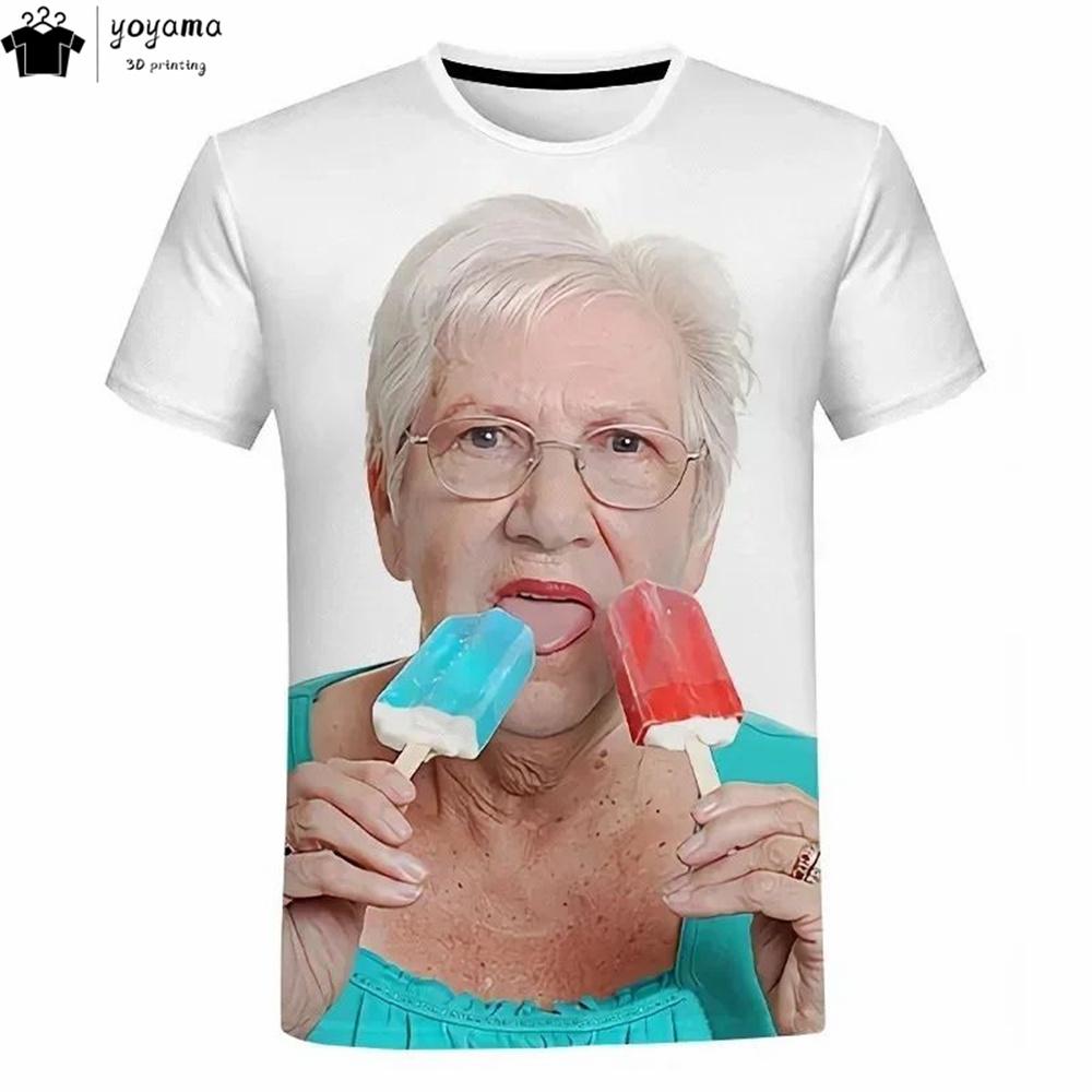 Magliette Grafiche Stampa 3D Moda Donna Anziana che Lecca Ghiacciolo Rosso Abbigliamento Uomo Magliette per Uomo Estate Manica Corta Tee Top