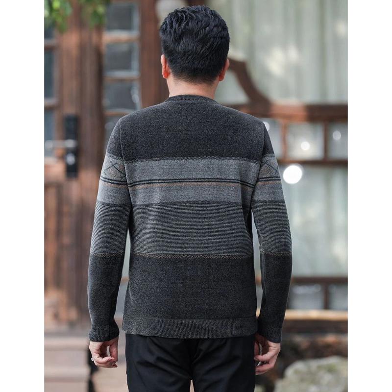 Autumn Winter New Fleece Lined Thick Sweater Middle Aged Men's Crew Neck Warm Chenille Knit Base Layer Shirt