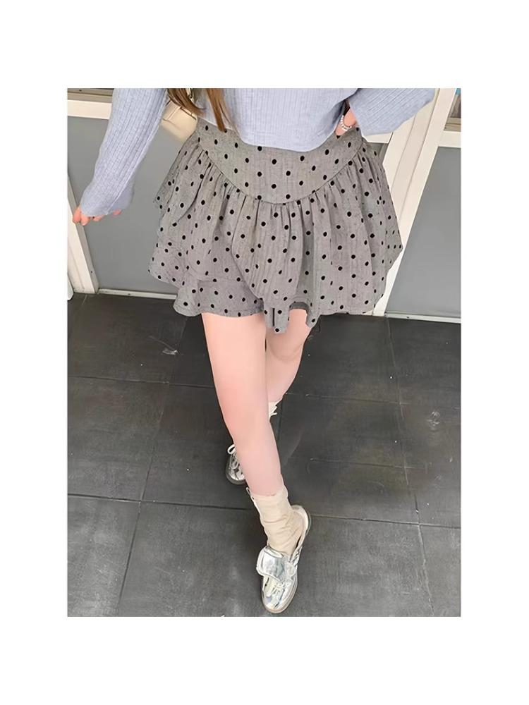 Petite High Waist Polka Dot Ruffle Skirt - Fluffy Slimming Short Skirt for Autumn 2025
