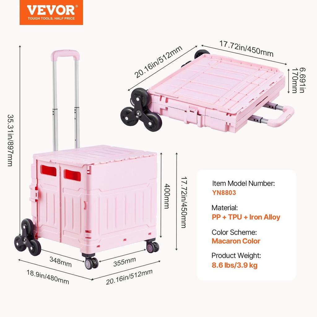 Foldable Cart with Stair Climbing Wheels Collapsible Rolling Crate 65L