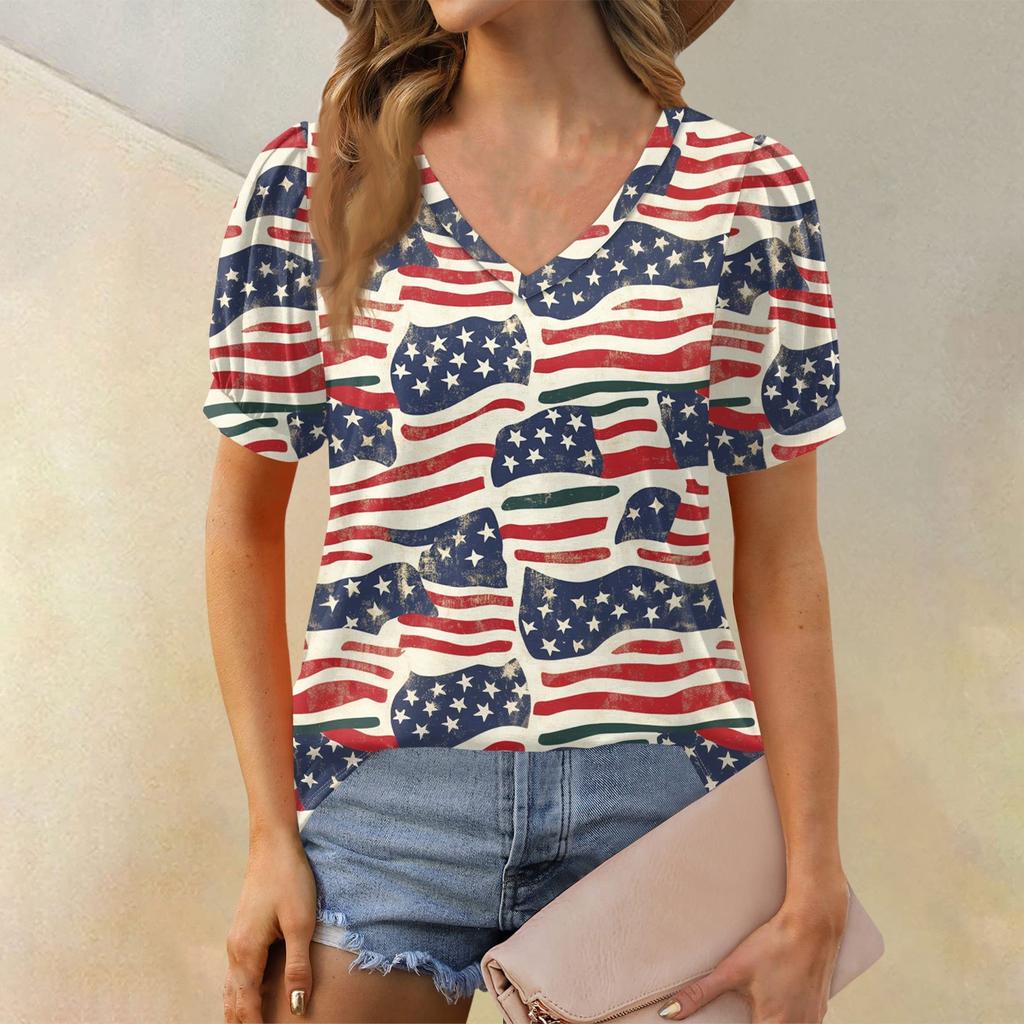 Women's Fashion Independence Day Print Top Puff Short Sleeve V-neck T-shirt Loose Casual T-shirt