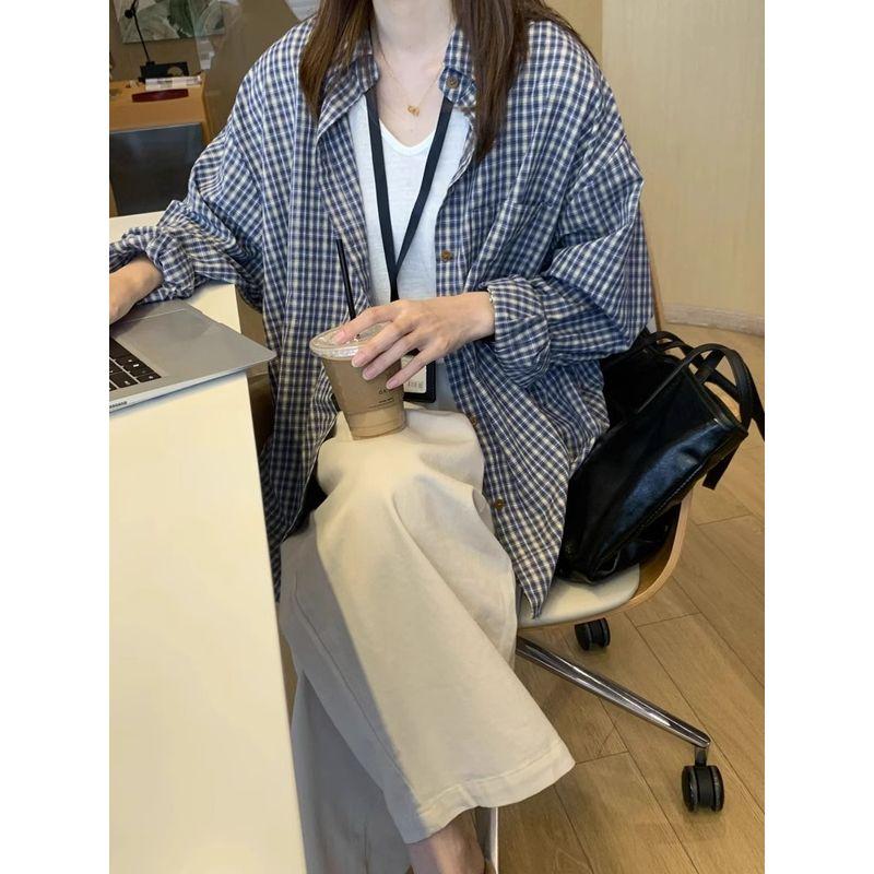 

Loose Feeling Retro Blue Long sleeve Plaid Shirts Top Women Spring and Autumn New Loose Inner wear Chic Shirt Outerwear Blue S