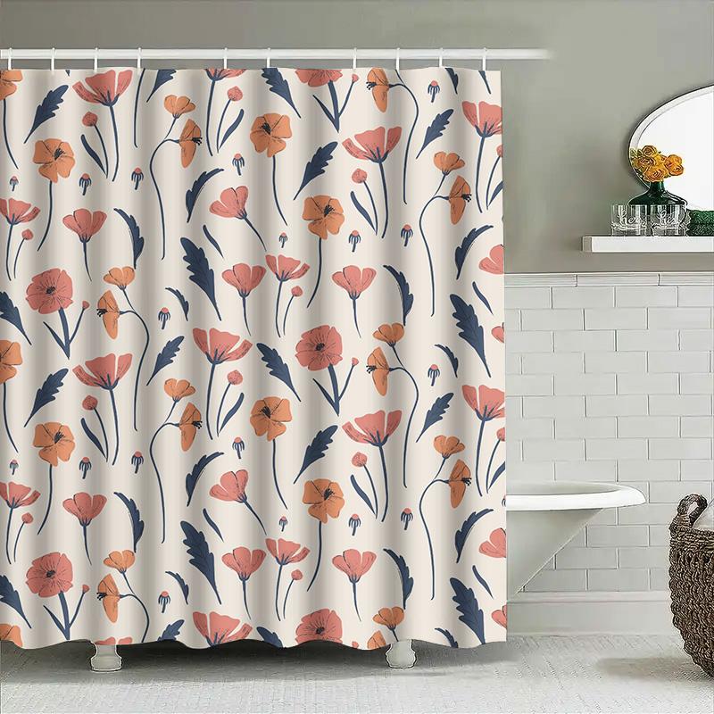 Floral Poppy Shower Curtain Pink Navy White Floral Print Bathroom Decor For Home Decoration Water Repellent Fabric 72 X 84 Inche