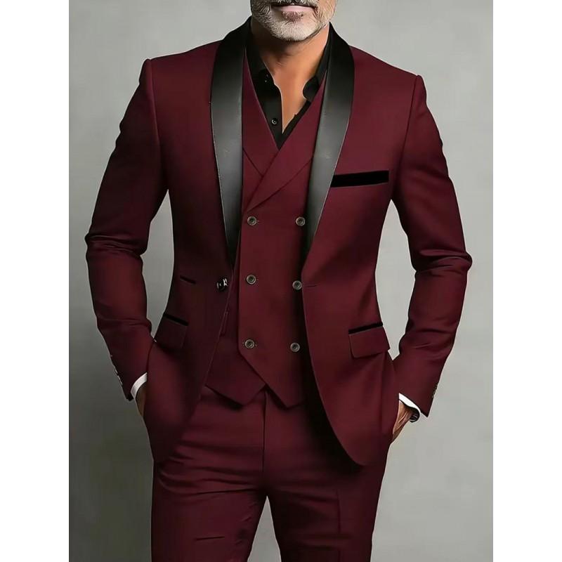 Mens Slim Fit 3-Piece Suit Set With Shawl Lapel Double Vent Tuxedo Wedding Groom Groomsman Formal Event