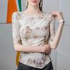 Ink Print One-line Collar Mesh T-shirt for Women with Five-quarter Sleeves Spring Summer New Trendy Beautiful Tops
